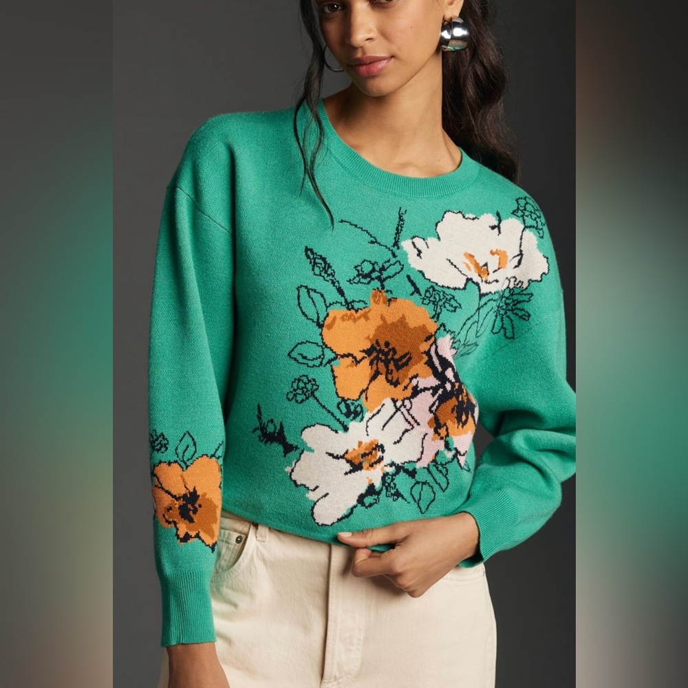 Anthropologie Maeve Yukiko Noritake Cropped Crew Neck Sweater